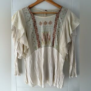 Free People Cream Blouse with Embroidery